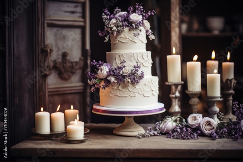 Wedding cake decorated with flowers and berries on a wooden background
