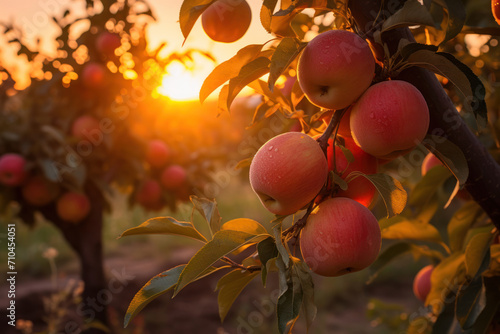Ripe apples on apple tree in orchard at sunset or sunrise. Farm products, harvest of fresh vegetables and fruits