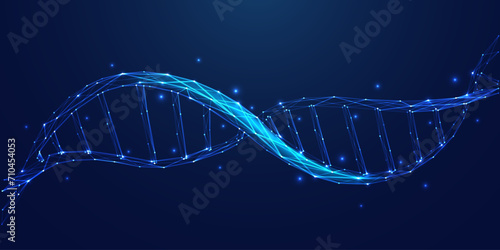 Abstract science or medicine background with DNA stand on it. Close-up double helix in light blue. Biotechnology, biology, and science concepts. Futuristic tech low poly wireframe vector illustration.