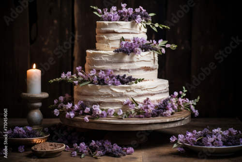 Wedding cake with lavender flowers on rustic wooden background