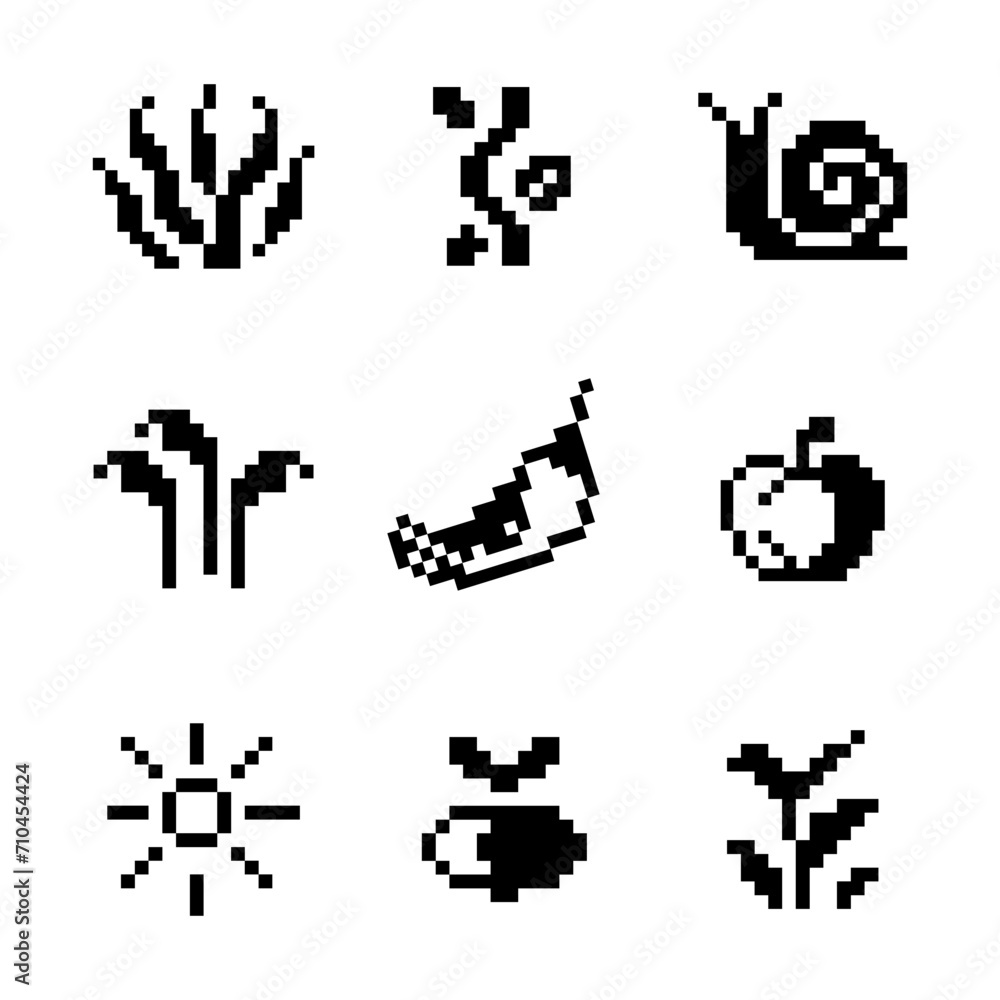 Set of 8-bit pixel graphics icons. Game art. Set of 8-bit pixel graphics icons. Game art.