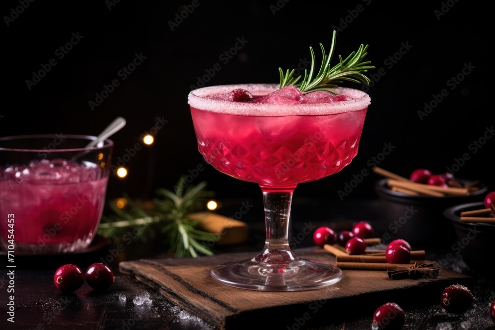 Cranberry cocktail with rosemary and ice on a dark background Cranberry cocktail with rosemary and ice on a dark background