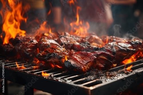 Closeup of grilled meat on barbecue grill with flames and smoke.