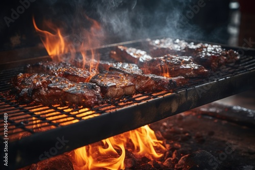 Grilling steaks on barbecue grill with flames and smoke. Restaurant
