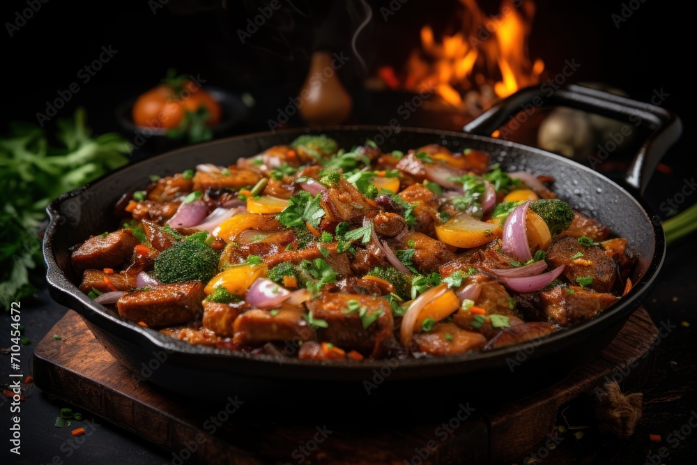 Meat stew with vegetables in a frying pan on a dark background.