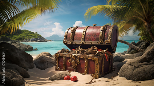 Pirate treasure chest on a deserted island