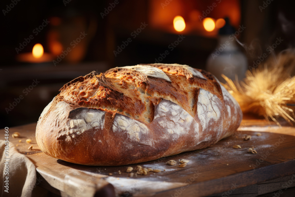 Freshly baked bread on a wooden table in front of a fireplace. The concept of farm products