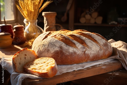 Freshly baked bread on a wooden table in a rustic style. The concept of farm products