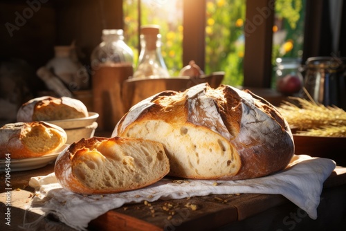 Freshly baked bread on a wooden table in a rustic style. The concept of farm products