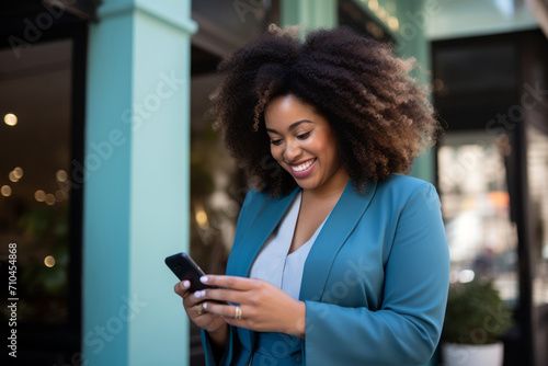 Plus size female manager with cell phone outdoors