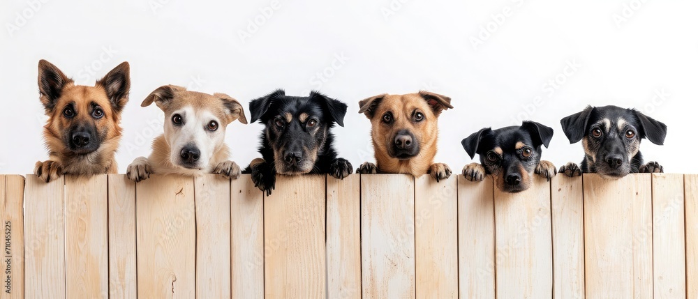 Banner with animals and pets. different breeds of dog peek out from behind a wooden fence.