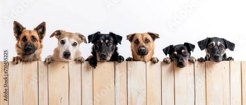 Banner with animals and pets. different breeds of dog peek out from behind a wooden fence.
