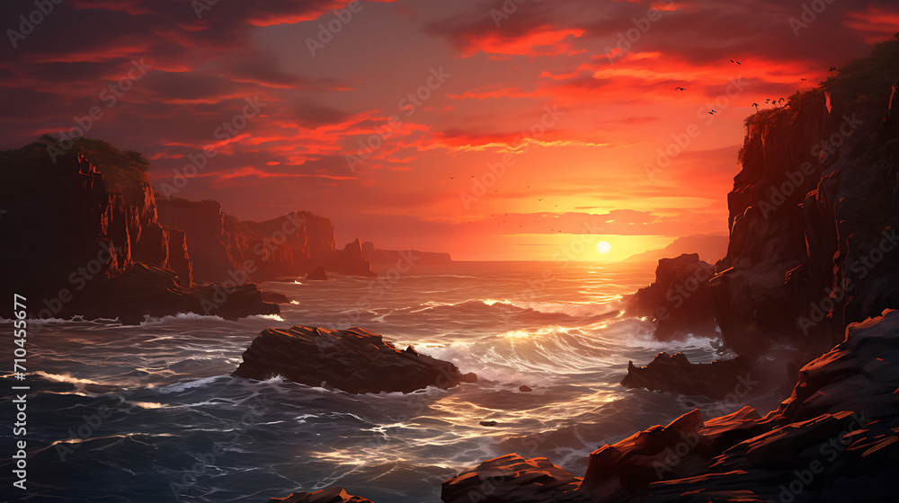 a coastal scene with dramatic cliffs and a fiery sunset, showcasing the power and beauty of nature in high definition with realistic colors