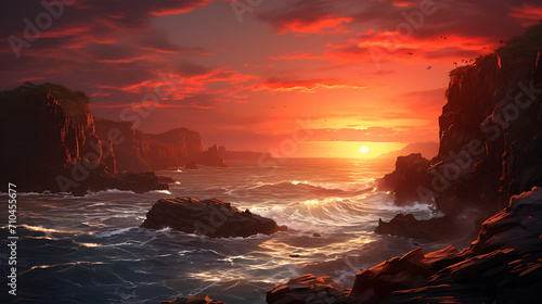 a coastal scene with dramatic cliffs and a fiery sunset, showcasing the power and beauty of nature in high definition with realistic colors