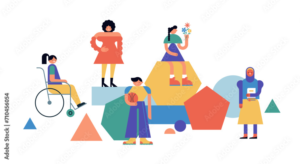 Fototapeta premium Group of diverse young people standing together. Characters illustrations in geometric modern colorful design