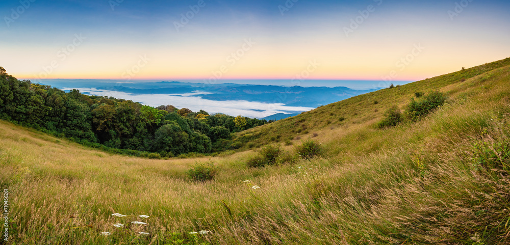 Tropical forest nature landscape view with mountain range and moving cloud mist at Kew Mae Pan nature trail, Doi Inthanon, Chiang Mai Thailand panorama