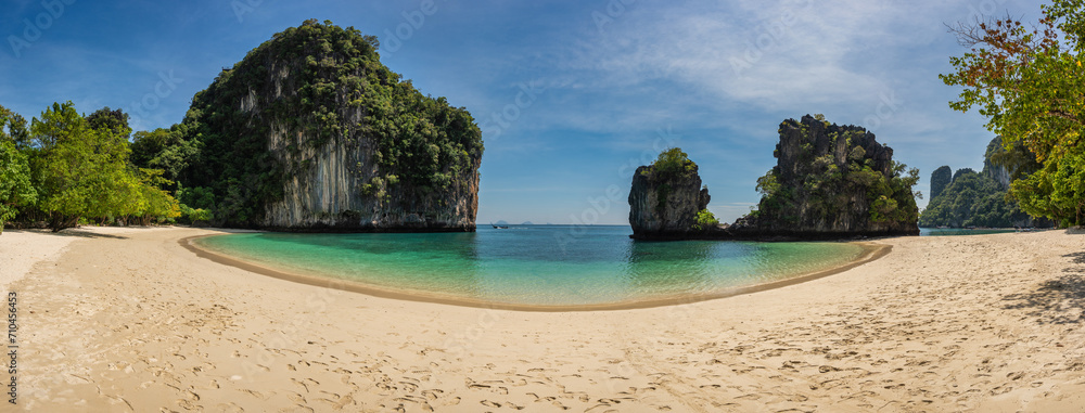 Tropical islands high angle view with ocean blue sea water at Koh Hong Island, Krabi Thailand nature landscape panorama