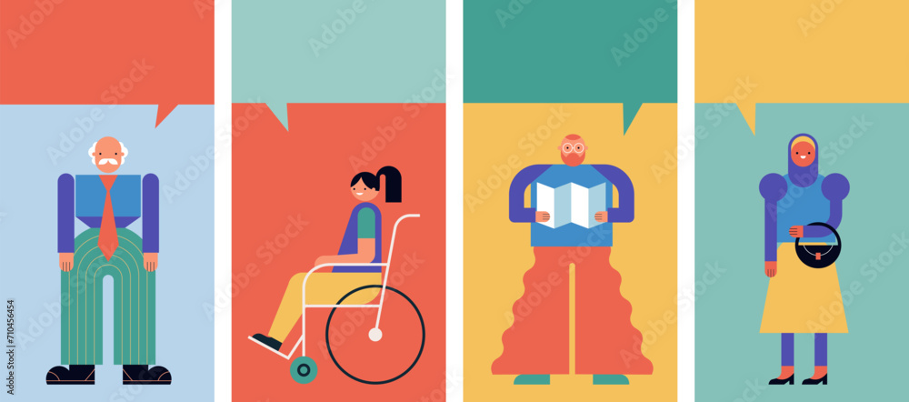 Naklejka premium People with speech bubbles, community, family or neighborhood standing together. Characters in geometric fun modern style. Colorful concept design.