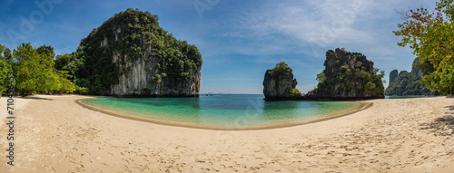 Tropical islands high angle view with ocean blue sea water at Koh Hong Island, Krabi Thailand nature landscape panorama