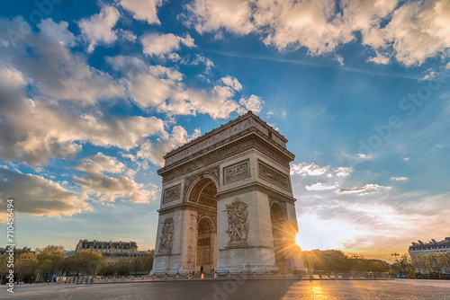 Paris France sunset city skyline at Arc de Triomphe and Champs Elysees