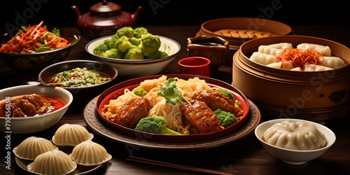 Top view composition of various Asian food in bowl, Asian food background with various ingredients on rustic stone background, Chinese cuisine. Wok cooking vegetables, Generative Ai