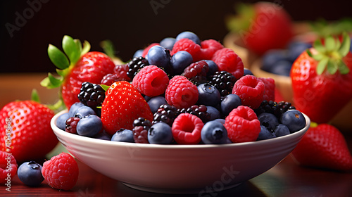 a colorful bowl of mixed berries, including strawberries, blueberries, and raspberries, highlighting the freshness and deliciousness of summer fruits, captured in realistic HD detail