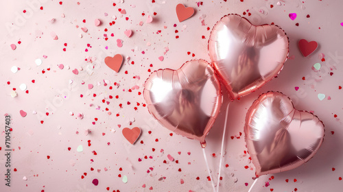 Generative AI, Foil balloons in heart shape and confetti for Valentine's day or wedding with copy space