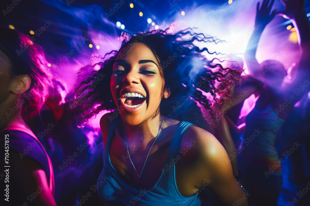 Happy mixed race young woman dancing, her movements filled with rhythm and precision. The environment is a vibrant nightclub, with pulsating lights and a crowd of enthusiastic dancers.