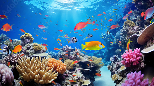 a colorful coral reef teeming with marine life, showcasing the vibrant hues of tropical fish and the delicate dance of underwater creatures