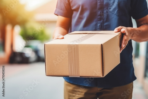 Parcel delivery at home. Delivery man holding a packet for the recipient in the street in front of their home. Morning time. © VisualProduction