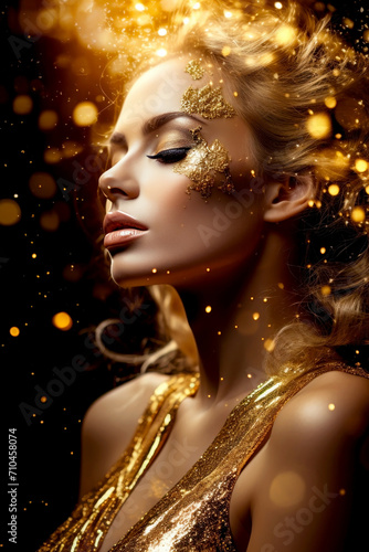 Woman with golden make-up in gold glittering dress on golden background. Beautiful woman with flowing hair. Warm, luxury and elegance atmosphere