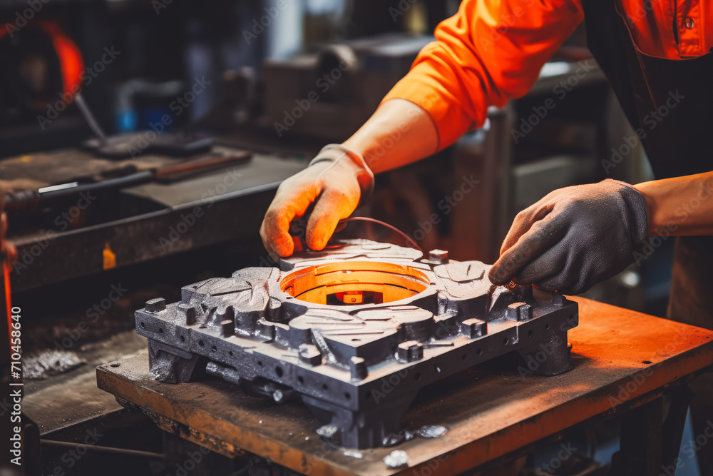 Obraz premium Men wearing safety glasses and gloves during casting during metal working in heavy industry factory