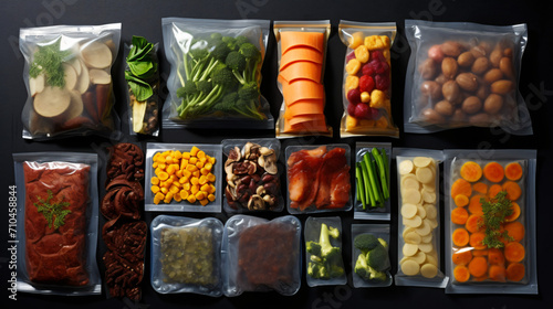 Flat lay composition of different food in vacuum photo