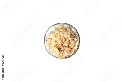 Muesli with yogurt, isolated on white background