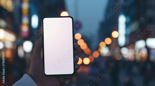 Riesiges Smartphone steht in einer Stadt bei Dunkelheit beleuchtet mit blanko Display für Marketing unscharfer Hintergrund isoliert Generative AI photo