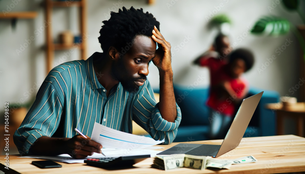 A African American parent at home tries to calculate the monthly budget and pay out standing bills while facing financial difficulties during a economic downturn. - obrazy, fototapety, plakaty 
