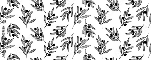 Seamless pattern abstract leaves and branches olive tree Hand drawn black brush painted plants. Vector foliage silhouettes. Natural organic ornament with black branches. 