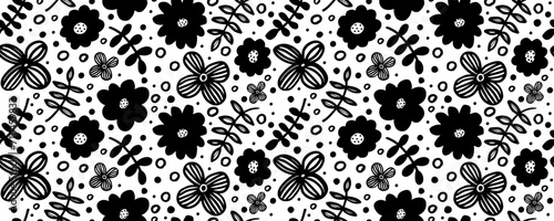Seamless pattern modern abstract flowers rose, aster, chamomile.  Hand drawn vector botanical background.  Black  ink illustration with floral motif.