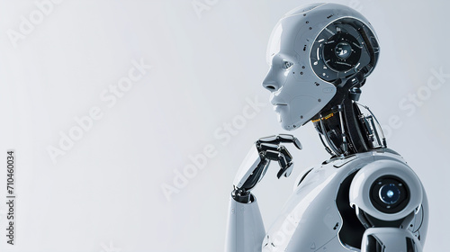 AI robot against a white background, he listens to Music with interest, stock image