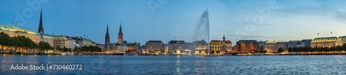 Hamburg Germany, panorama night city skyline at Alster Lake with Fountain photo