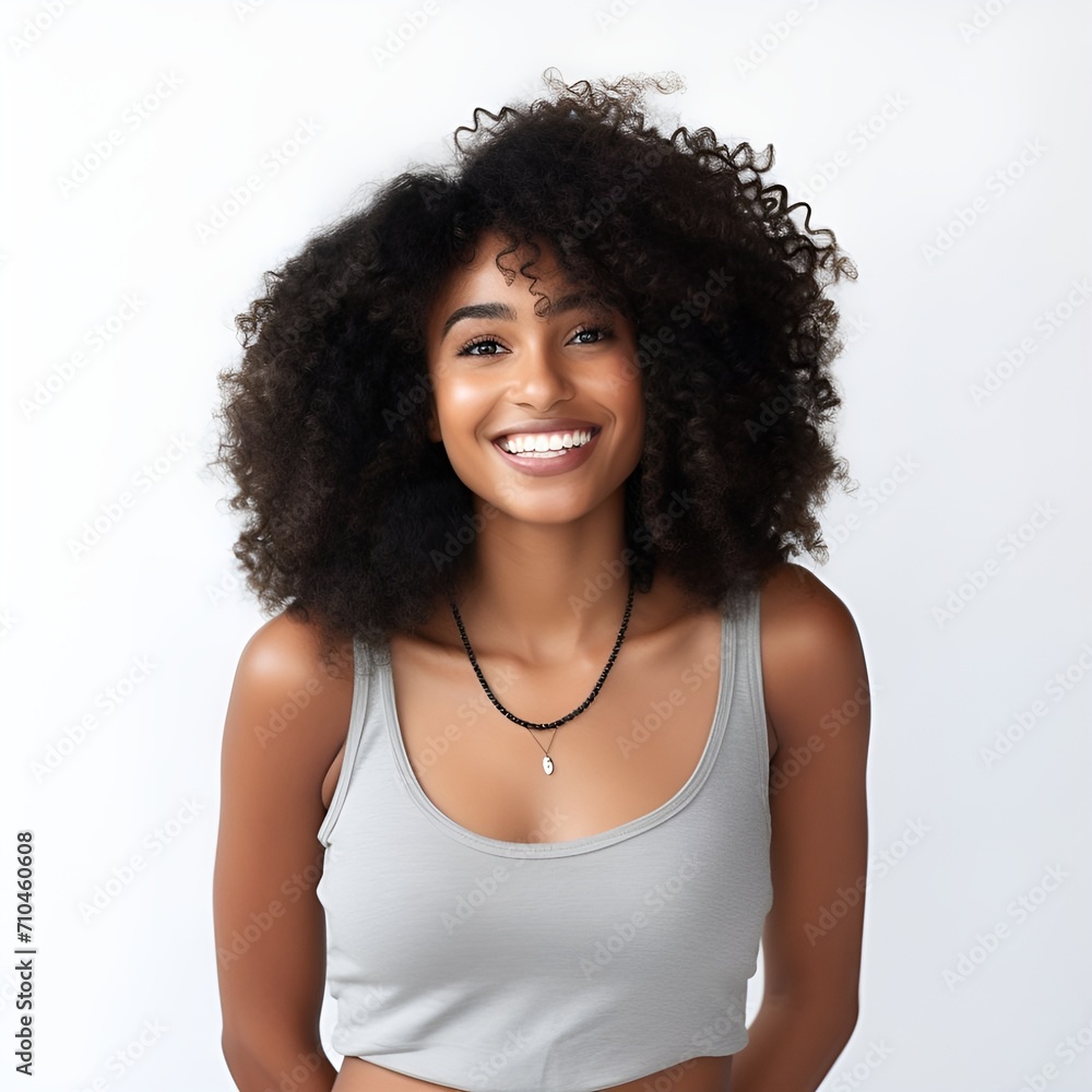 young happy black woman posing and looking in camera,white background young happy black woman posing and looking in camera,white background