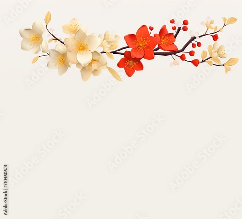 chinese lunar new year greeting card with red and yellow flowers, copy space for text, background wallpaper banner 