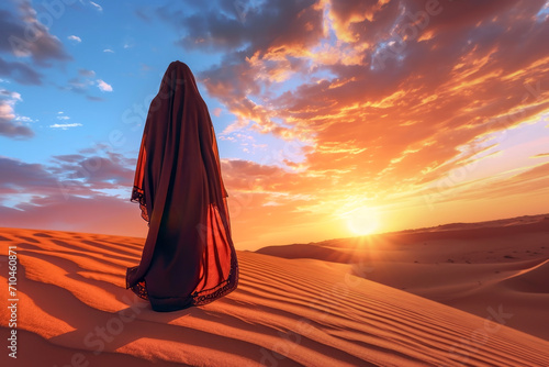 Rear view of an Arabian woman in the desert, the background of a beautiful sunset.
