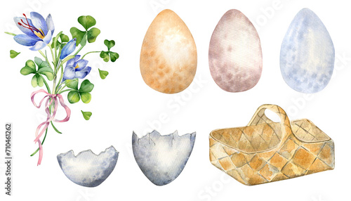 Easter set with colorful eggs, egg shell and spring flower watercolor illustration isolated on white. Empty straw basket, varicolored eggs hand drawn. Painted set for Easter design in neutral color