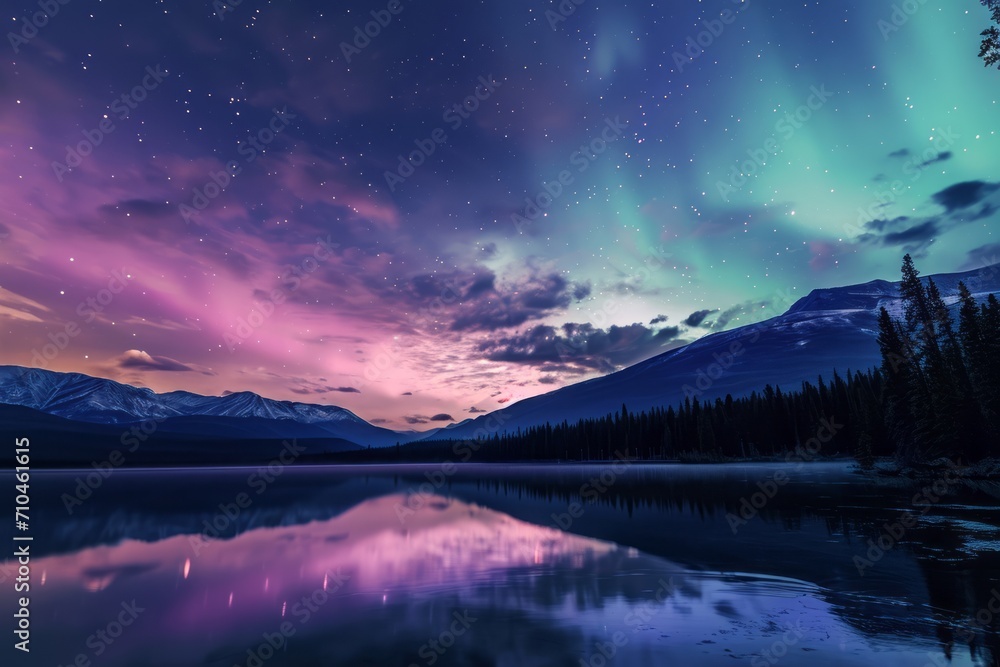 Beautiful aurora sky and lake. Generative AI