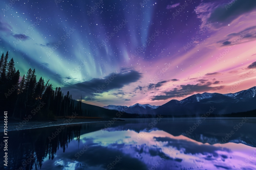 Beautiful aurora sky and lake. Generative AI
