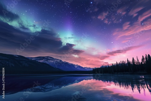 Beautiful aurora sky and lake. Generative AI © Zero Zero One