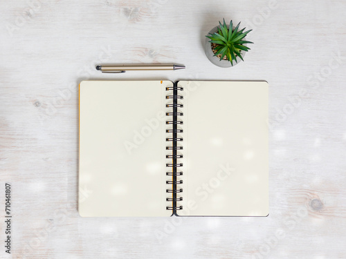 Spiral notebook empty open on wooden table with pen and plant. Office stationery mock up flat lay.