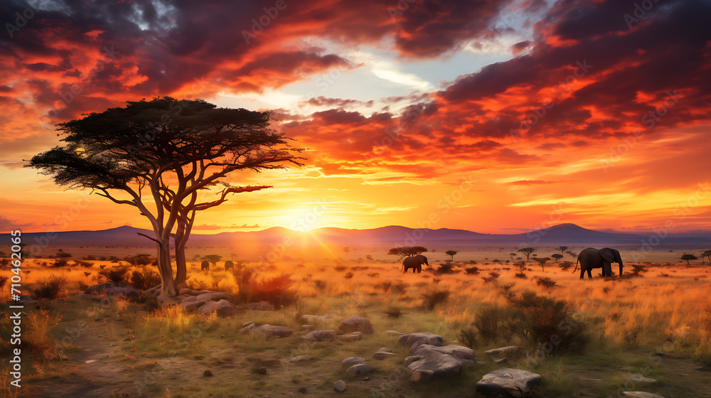  a majestic elephant leading its herd through the savannah at golden hour, with the sun setting behind an acacia tree on the horizon