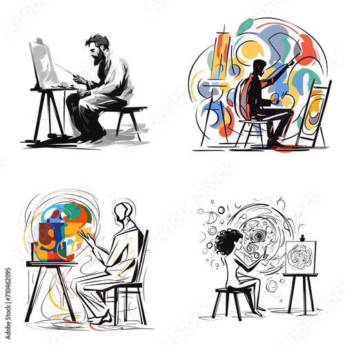 Art Therapy Art Therapist and Painting Canvas .simple isolated line styled vector illustration